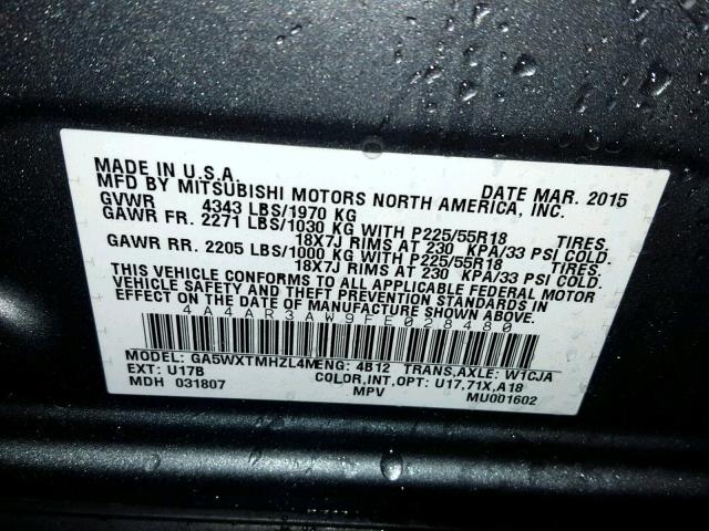 4A4AR3AW9FE028480 - 2015 MITSUBISHI OUTLANDER CHARCOAL photo 10