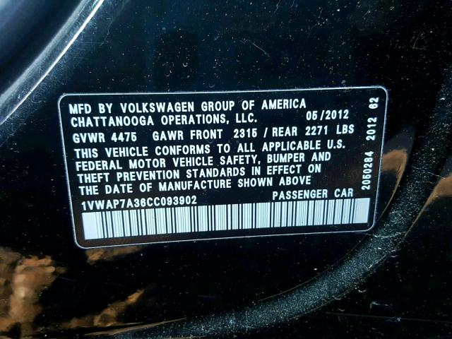 1VWAP7A36CC093902 - 2012 VOLKSWAGEN PASSAT S BLACK photo 10