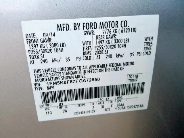 1FM5K8F87FGA72658 - 2015 FORD EXPLORER L SILVER photo 10