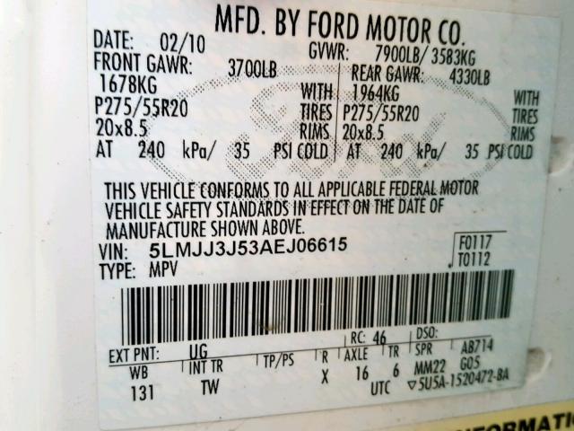 5LMJJ3J53AEJ06615 - 2010 LINCOLN NAVIGATOR Ақ фото 10