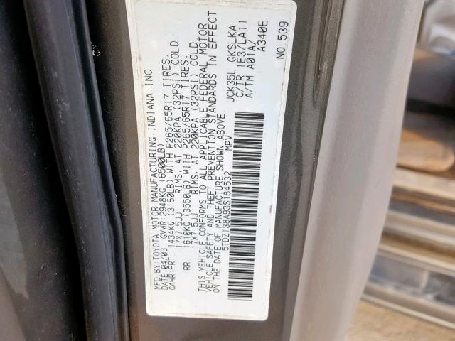 5TDZT38A93S184532 - 2003 TOYOTA SEQUOIA LI GRAY photo 10