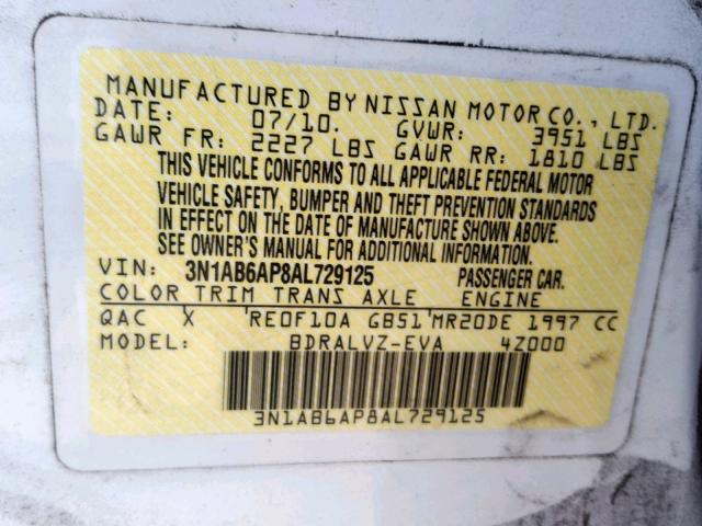 3N1AB6AP8AL729125 - 2010 NISSAN SENTRA 2.0 WHITE photo 10