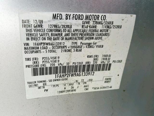 1FAHP2FW9AG133912 - 2010 FORD TAURUS LIM SILVER photo 10