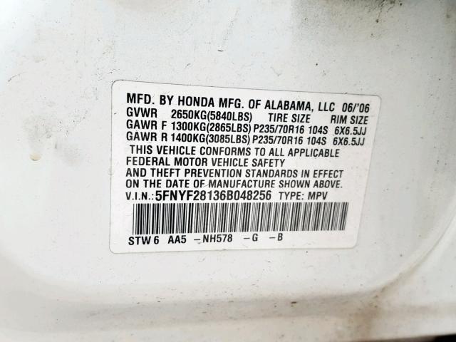 5FNYF28136B048256 - 2006 HONDA PILOT LX WHITE photo 10