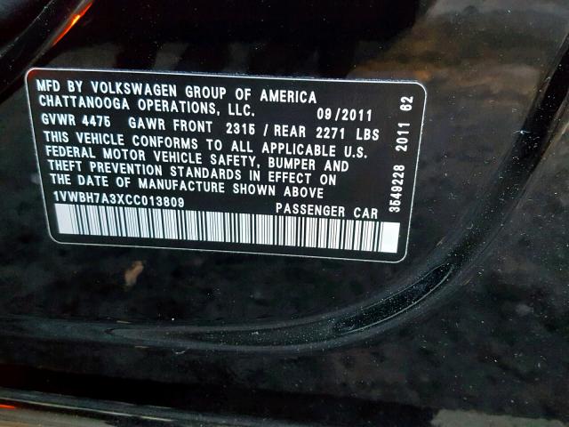 1VWBH7A3XCC013809 - 2012 VOLKSWAGEN PASSAT SE BLACK photo 10