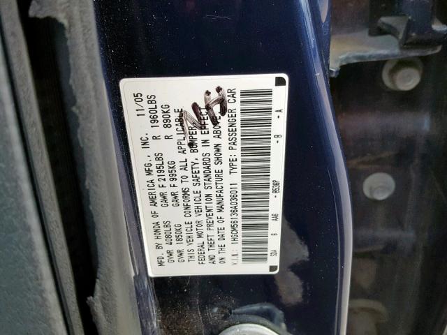 1HGCM56136A036011 - 2006 HONDA ACCORD VAL BLUE photo 10