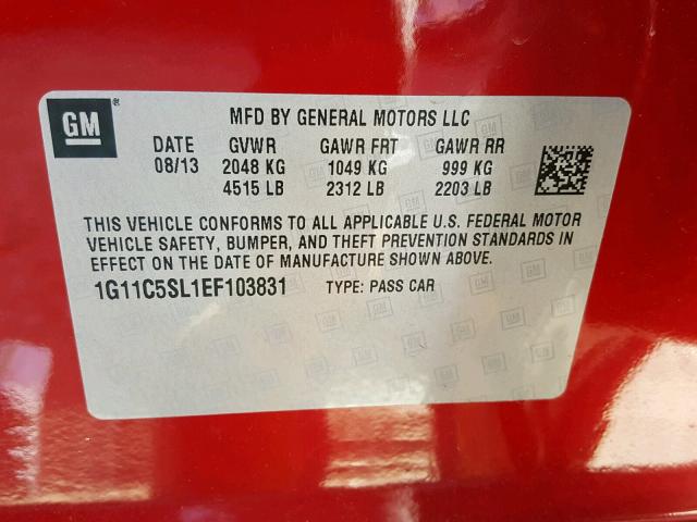 1G11C5SL1EF103831 - 2014 CHEVROLET MALIBU 1LT RED photo 10