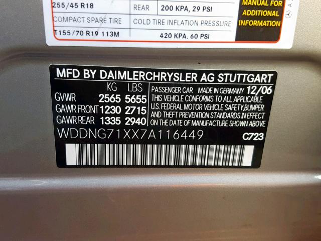 WDDNG71XX7A116449 - 2007 MERCEDES-BENZ S 550 GRAY photo 10