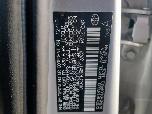 JTDKDTB34G1118787 - 2016 TOYOTA PRIUS C SILVER photo 10