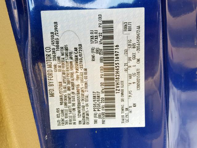 1ZVHT82H455169716 - 2005 FORD MUSTANG GT BLUE photo 10