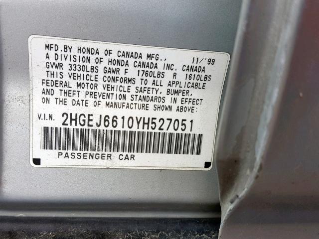 2HGEJ6610YH527051 - 2000 HONDA CIVIC BASE SILVER photo 10