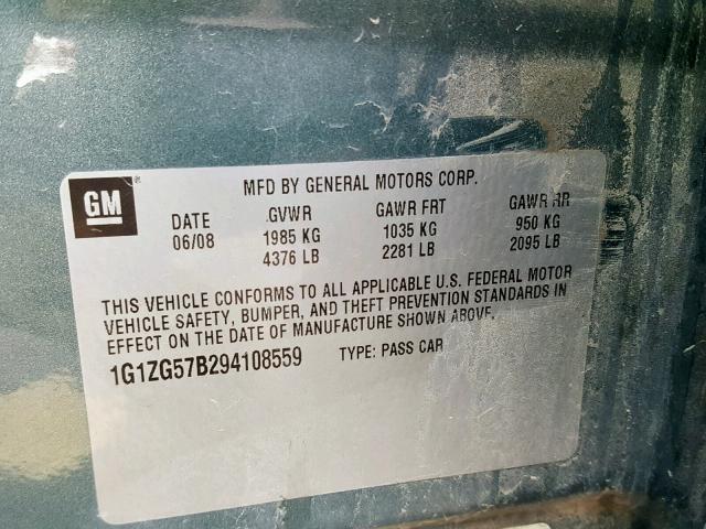 1G1ZG57B294108559 - 2009 CHEVROLET MALIBU LS მწვანე ფოტო 10