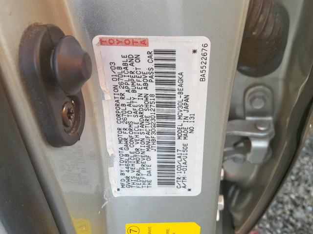 JTHBF30G230127518 - 2003 LEXUS ES 300 SILVER photo 10