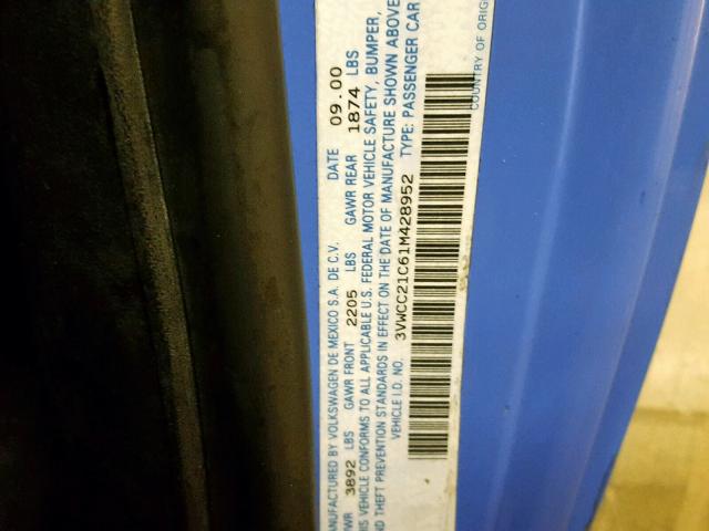 3VWCC21C61M428952 - 2001 VOLKSWAGEN NEW BEETLE ლურჯი ფოტო 10