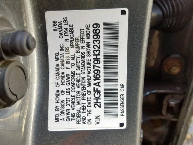 2HGFA16979H323989 - 2009 HONDA CIVIC EXL GRAY photo 10