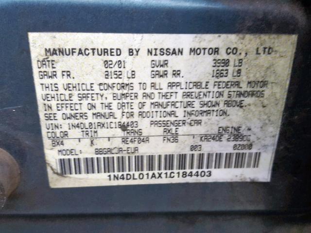 1N4DL01AX1C184403 - 2001 NISSAN ALTIMA GXE BLUE photo 10