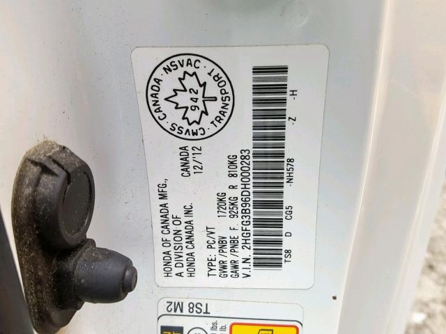 2HGFG3B96DH000283 - 2013 HONDA CIVIC EXL 白色 照片 10