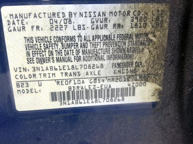 3N1AB61E18L708268 - 2008 NISSAN SENTRA 2.0 BLUE photo 10