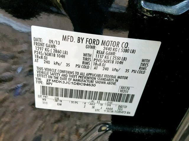 2FMDK3JC1DBC94630 - 2013 FORD EDGE SEL BLACK photo 10