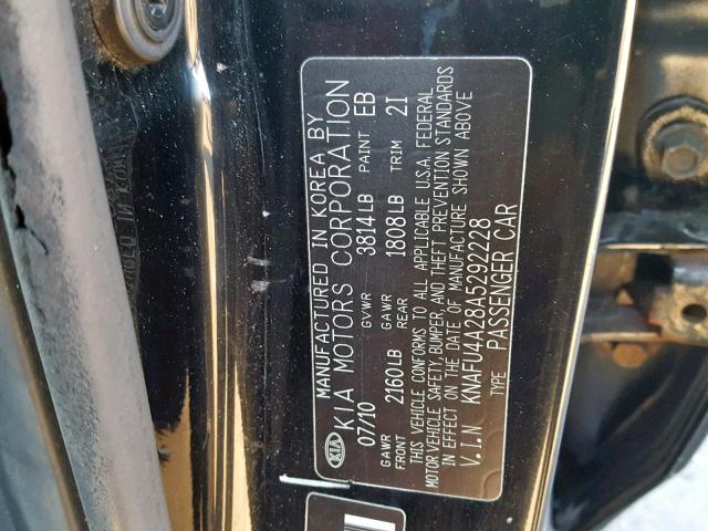 KNAFU4A28A5292228 - 2010 KIA FORTE EX BLACK photo 10