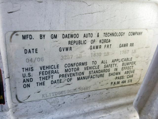 KL1TD66696B670487 - 2006 CHEVROLET AVEO BASE Ağ foto 10