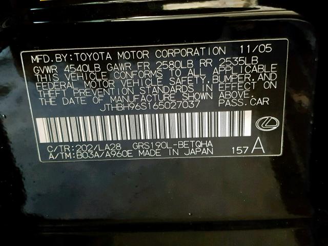 JTHBH96S165027037 - 2006 LEXUS GS 300 BLACK photo 10