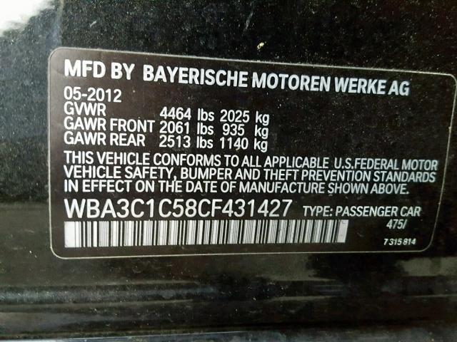 WBA3C1C58CF431427 - 2012 BMW 328 I SULE BLACK photo 10