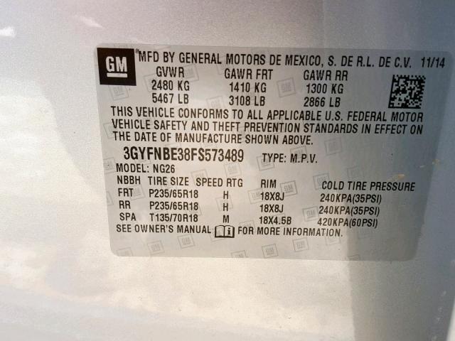 3GYFNBE38FS573489 - 2015 CADILLAC SRX LUXURY SILVER photo 10