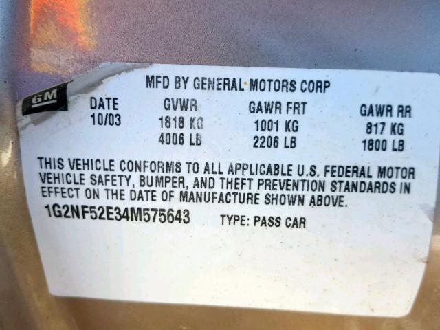 1G2NF52E34M575643 - 2004 PONTIAC GRAND AM S BURN photo 10