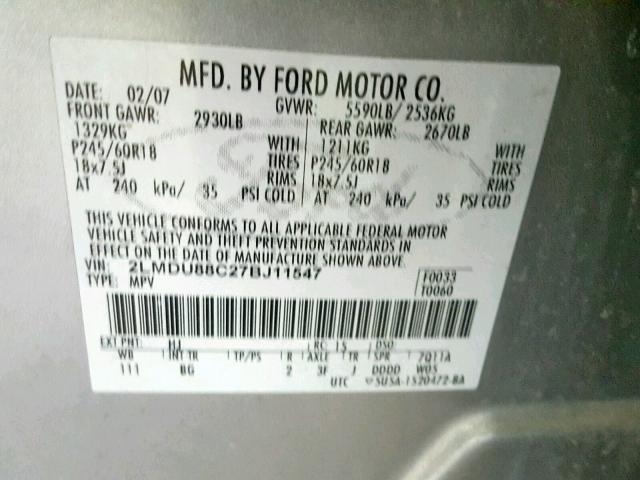 2LMDU88C27BJ11547 - 2007 LINCOLN MKX GRAY photo 10