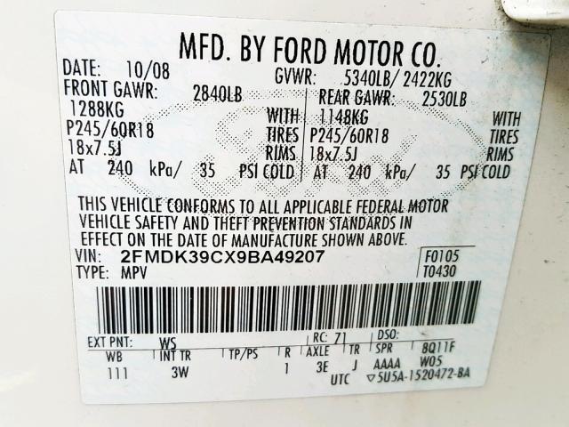 2FMDK39CX9BA49207 - 2009 FORD EDGE LIMIT WHITE photo 10