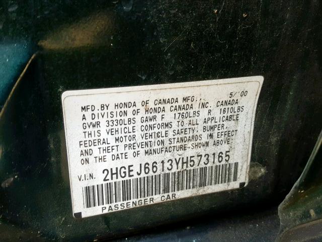 2HGEJ6613YH573165 - 2000 HONDA CIVIC BASE GREEN photo 10