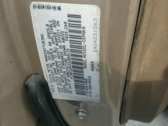 4T1BF22K31V958119 - 2001 TOYOTA CAMRY LE/X GOLD photo 10