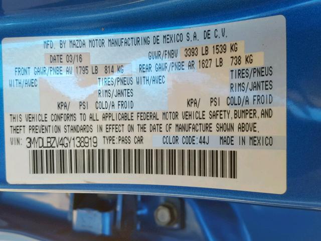 3MYDLBZV4GY138919 - 2016 TOYOTA SCION IA BLUE photo 10