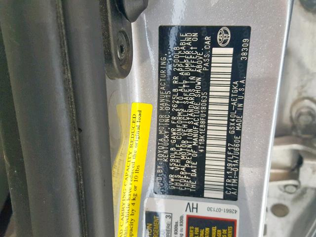 4T1BK1EB8FU180635 - 2015 TOYOTA AVALON XLE SILVER photo 10