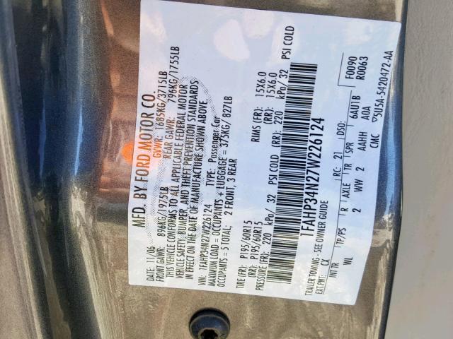 1FAHP34N27W226124 - 2007 FORD FOCUS ZX4 GRAY photo 10