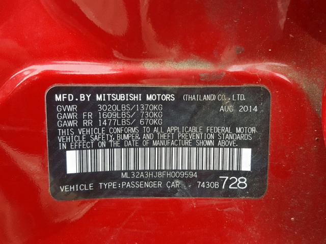 ML32A3HJ8FH009594 - 2015 MITSUBISHI MIRAGE DE RED photo 10