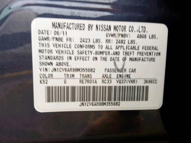 JN1CV6AR9BM355682 - 2011 INFINITI G37 BLUE photo 10