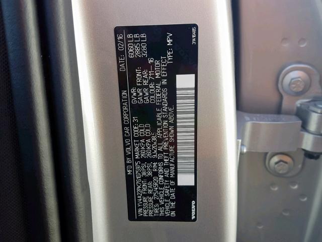 YV4A22PK7G1075975 - 2016 VOLVO XC90 T6 SILVER photo 10