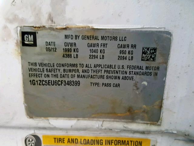 1G1ZC5EU6CF348399 - 2012 CHEVROLET MALIBU 1LT WHITE photo 10