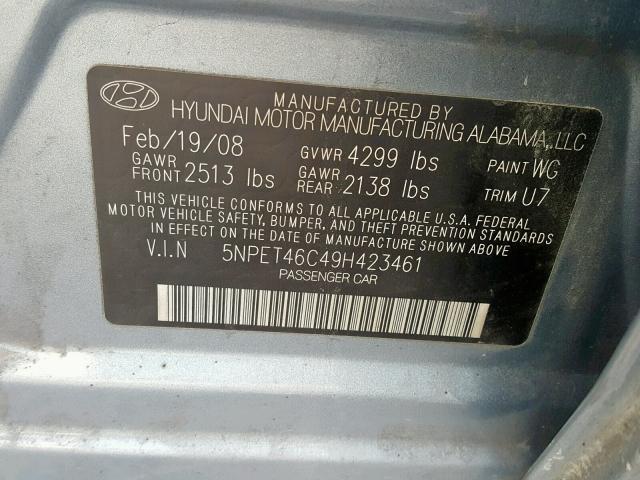 5NPET46C49H423461 - 2009 HYUNDAI SONATA GLS BLUE photo 10