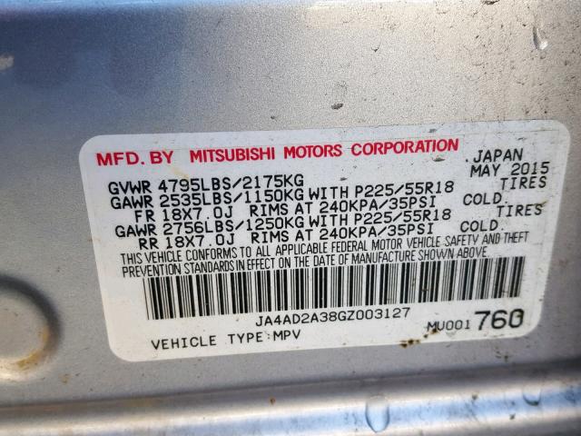 JA4AD2A38GZ003127 - 2016 MITSUBISHI OUTLANDER SILVER photo 10