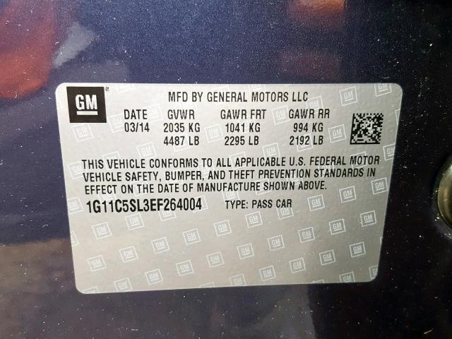 1G11C5SL3EF264004 - 2014 CHEVROLET MALIBU 1LT BLUE photo 10