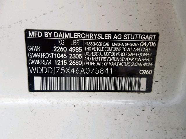 WDDDJ75X46A075841 - 2006 MERCEDES-BENZ CLS 500C WHITE photo 10