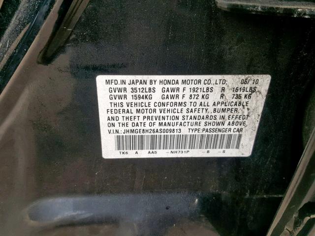 JHMGE8H26AS009813 - 2010 HONDA FIT BLACK photo 10