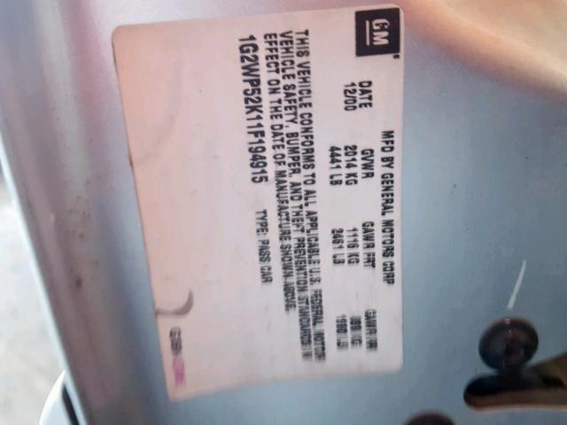 1G2WP52K11F194915 - 2001 PONTIAC GRAND PRIX ნაცრისფერი ფოტო 10