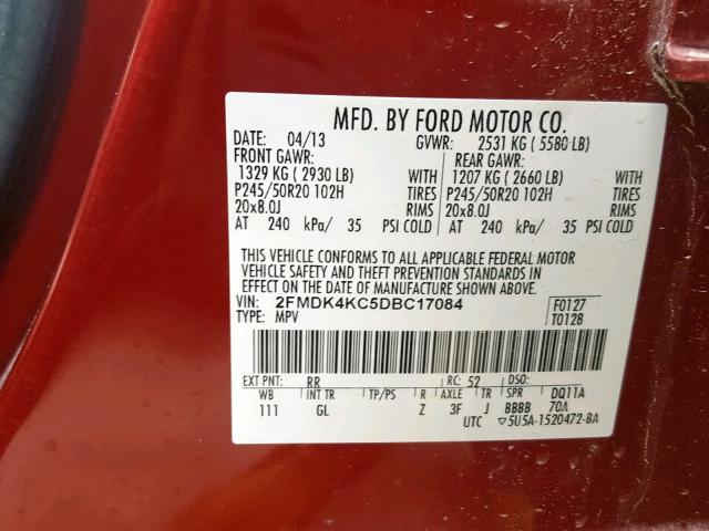 2FMDK4KC5DBC17084 - 2013 FORD EDGE LIMIT RED photo 10