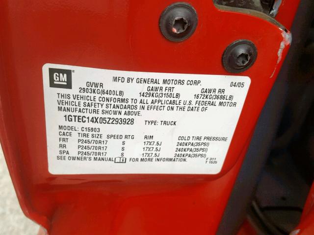 1GTEC14X05Z293928 - 2005 GMC NEW SIERRA RED photo 10