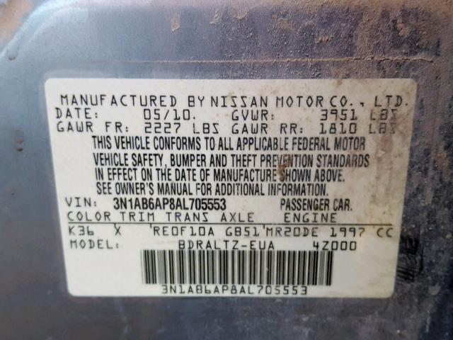 3N1AB6AP8AL705553 - 2010 NISSAN SENTRA 2.0 SILVER photo 10