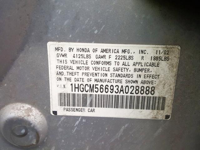 1HGCM56693A028888 - 2003 HONDA ACCORD EX SILVER photo 10